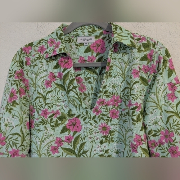 Olivia James The Label Green Pink Floral 100% Linen Long Sleeve Cropped Top - Picture 4 of 9